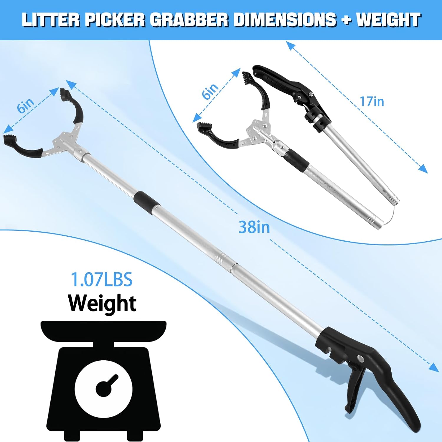 Trash Picker Upper Grabber Trash Grabber Tool 38-Inch Silver Aluminum Alloy Foldable Allows You to Pick Up Debris from A Distance Without Bending Over Ideal for Cleaning Tasks