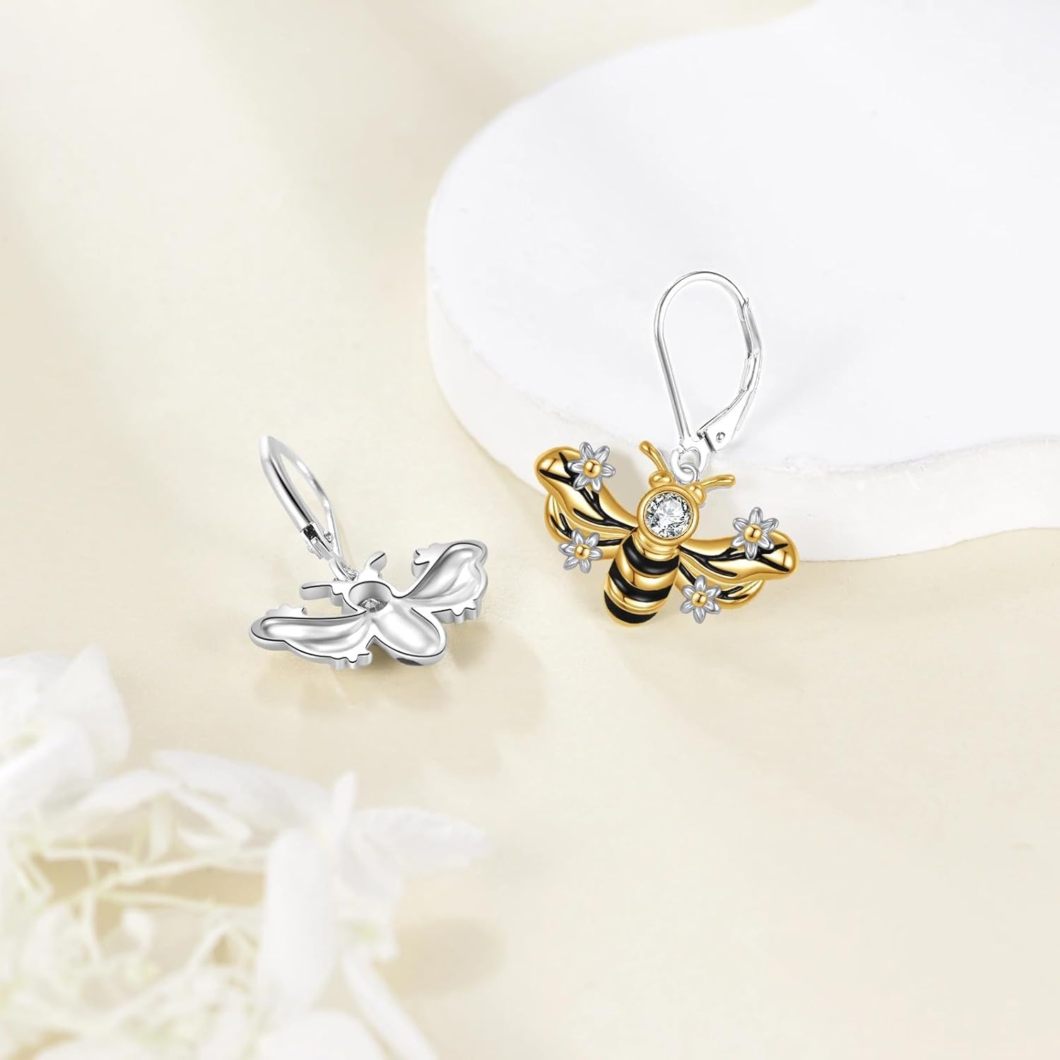 Bee Earrings for Women 14K Gold Plated Sterling Silver Bee Dangle Leverback Earrings with Floral Accents and White Zircon Jewelry Gift for Her - Image 5