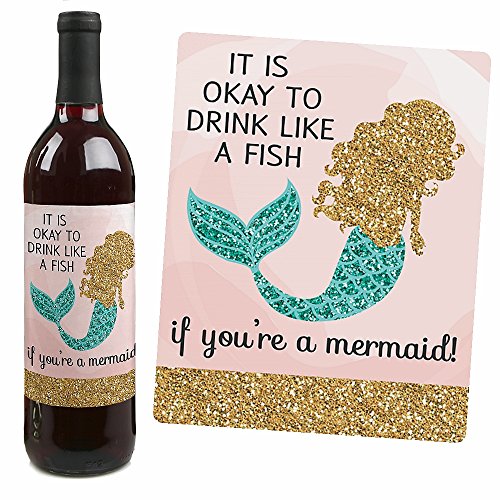 Let's Be Mermaids - Baby Shower Or Birthday Party Decorations For Women And Men - Wine Bottle Label Stickers - Set Of 4 #TOP2