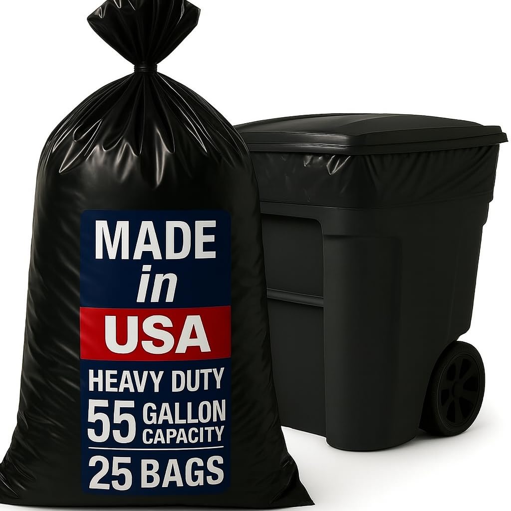 Extra Heavy Duty Black Contractor Garbage Bags 55 Gallon, 25 Trash Bags, Construction Grade, 3 Mil Thick, Made in USA