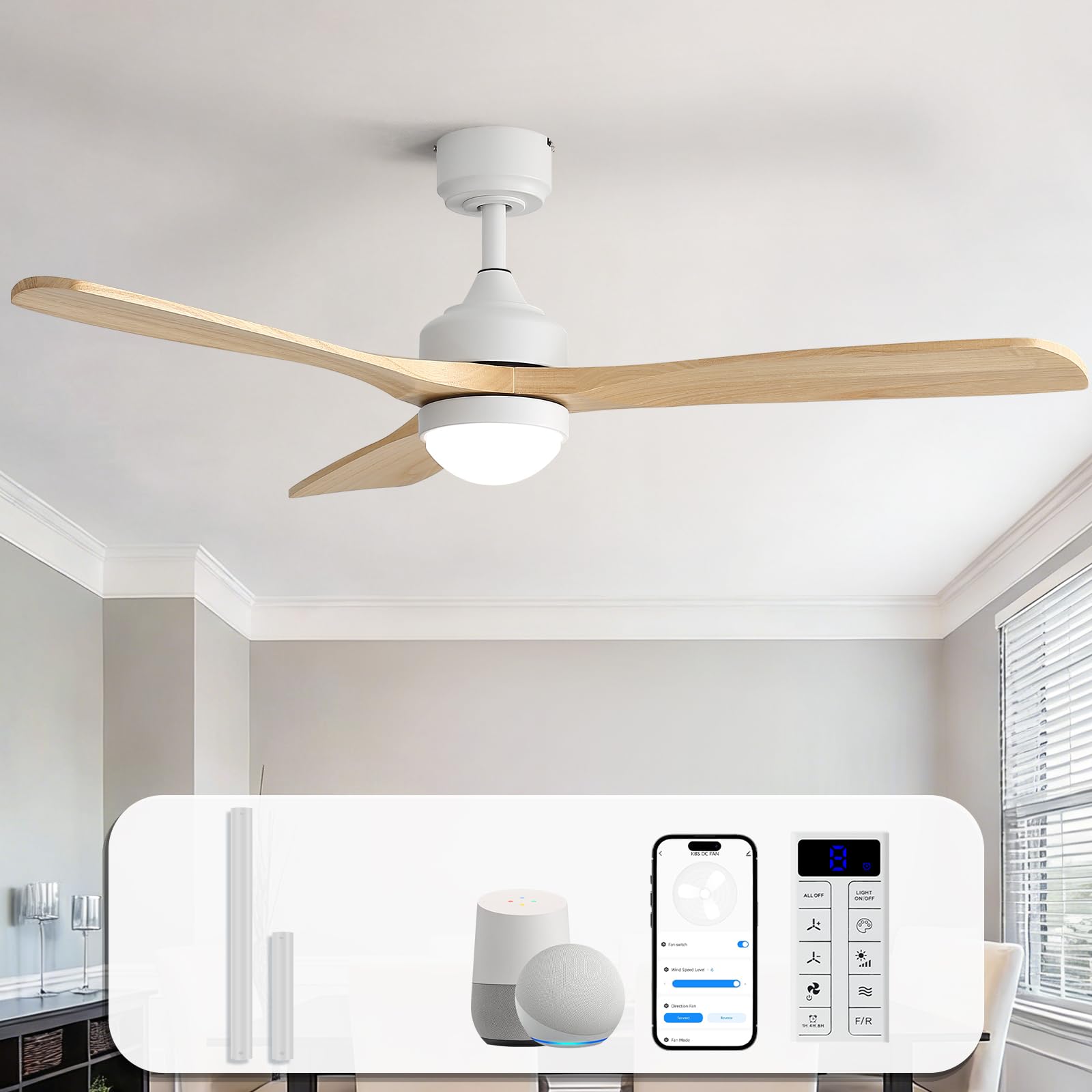 Sofucor Smart Deckenventilator mit Beleuchtung,132cm Massivholz Deckenventilator mit Licht, Alexa/APP, WiFi, Fernbedienung, DC, 3 Farbtemperatur, Timer, 6 Geschwindigkeiten für Schlafzimmer
