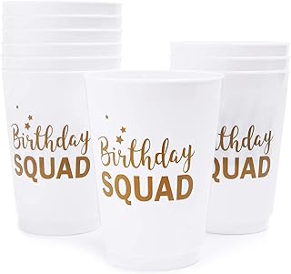Birthday Squad Plastic Party Cups, 16 Oz White Tumblers (3 x 5.1 x 3 In, 16-Pk)