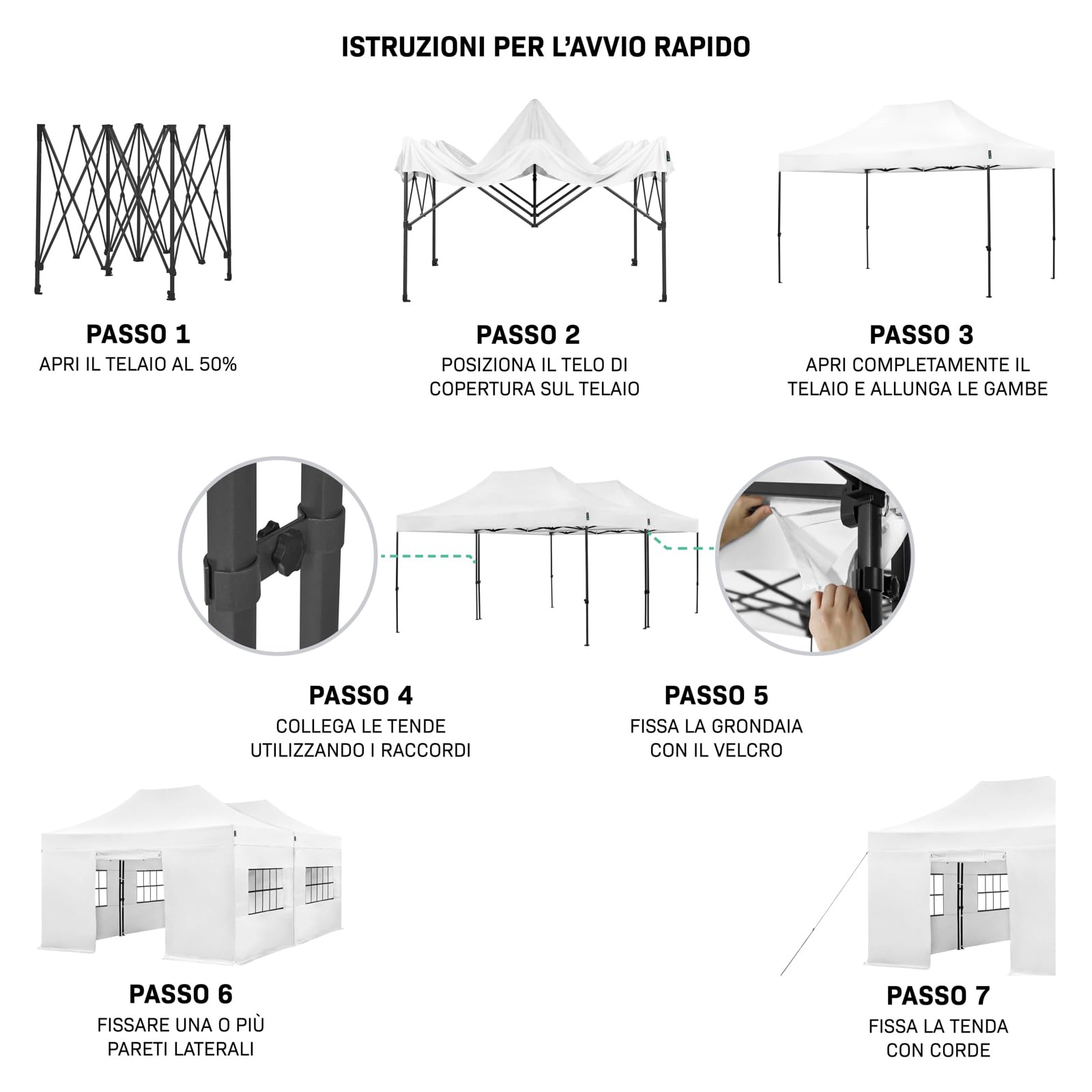 VONROC Gazebo da Giardino 6x4,5 m Easy‑Up – 2 Tende Party con 6 Pareti Laterali e Kit di Collegamento – Impermeabile 3000 PA, UV 50+, Struttura in Acciaio – Bianco