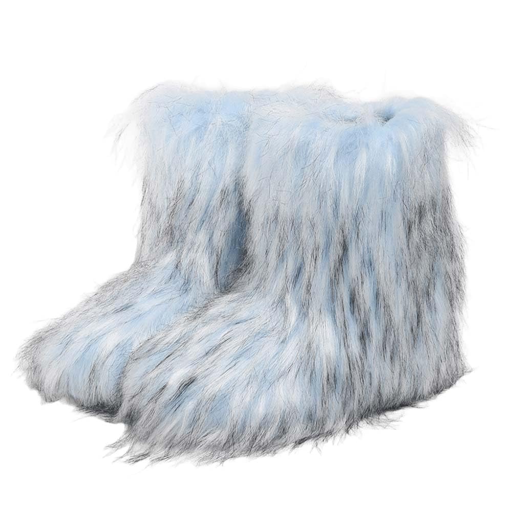 Womens Fur Boots Furry Fluffy Mid Calf Fur Boots y2k Warm Comfy Snow Boots Flat Heel Faux Fur