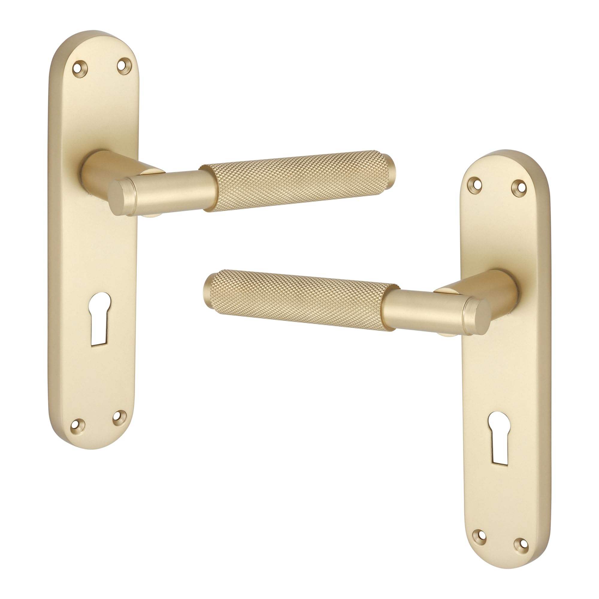 Infinity Decor Pair of Satin Brass Knurled Lever on Keyhole Backplate Lock Door Handles Set - Ideal for Interior & Exterior Doors