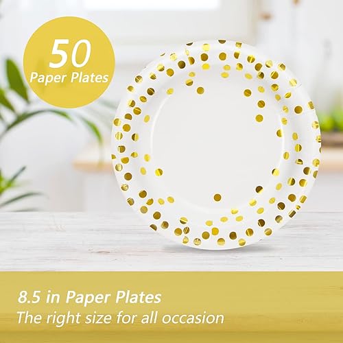 Miniatura 2 de Birthdayparties Platos de papel blanco y dorado de 85 pulgadas platos de papel desechables de lunares dorados suministros de fiesta platos de papel