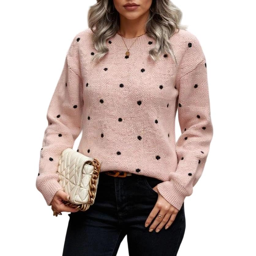 TIAFORD Womens Polka Dot Sweater Long Sleeve Crewneck Knit Pullover Sweaters Cozy Warm Loose Fit Fall Winter Jumper