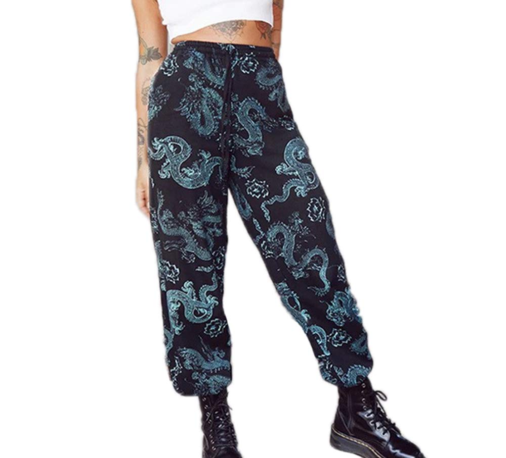 Oneforus Women's Black Chinese Dragon Print Trouser Elastic Waist Drawstring Sports Jogger Pants