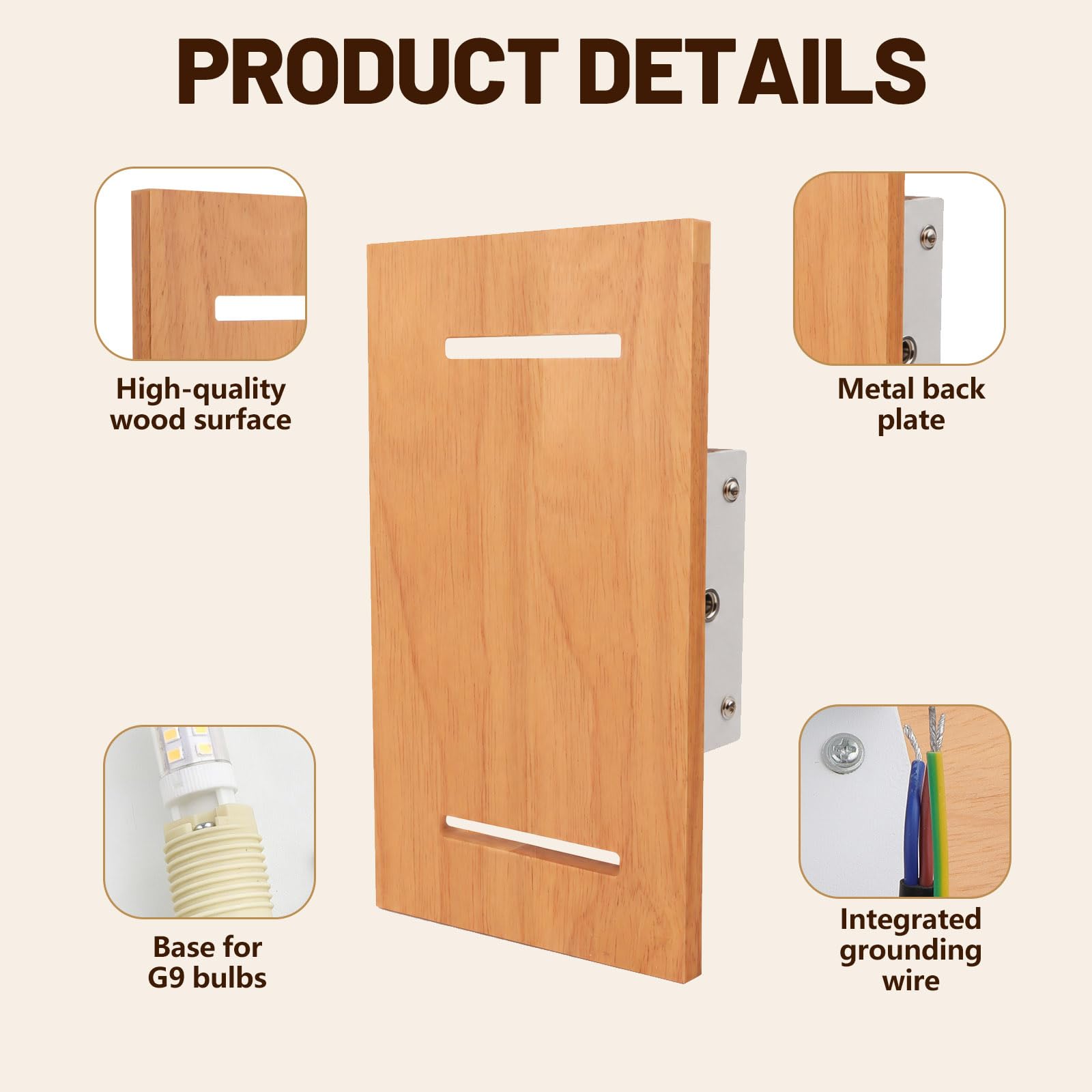 2 pezzi Applique Legno Naturale Moderna Lampada da Parete Interni 7W 3000K