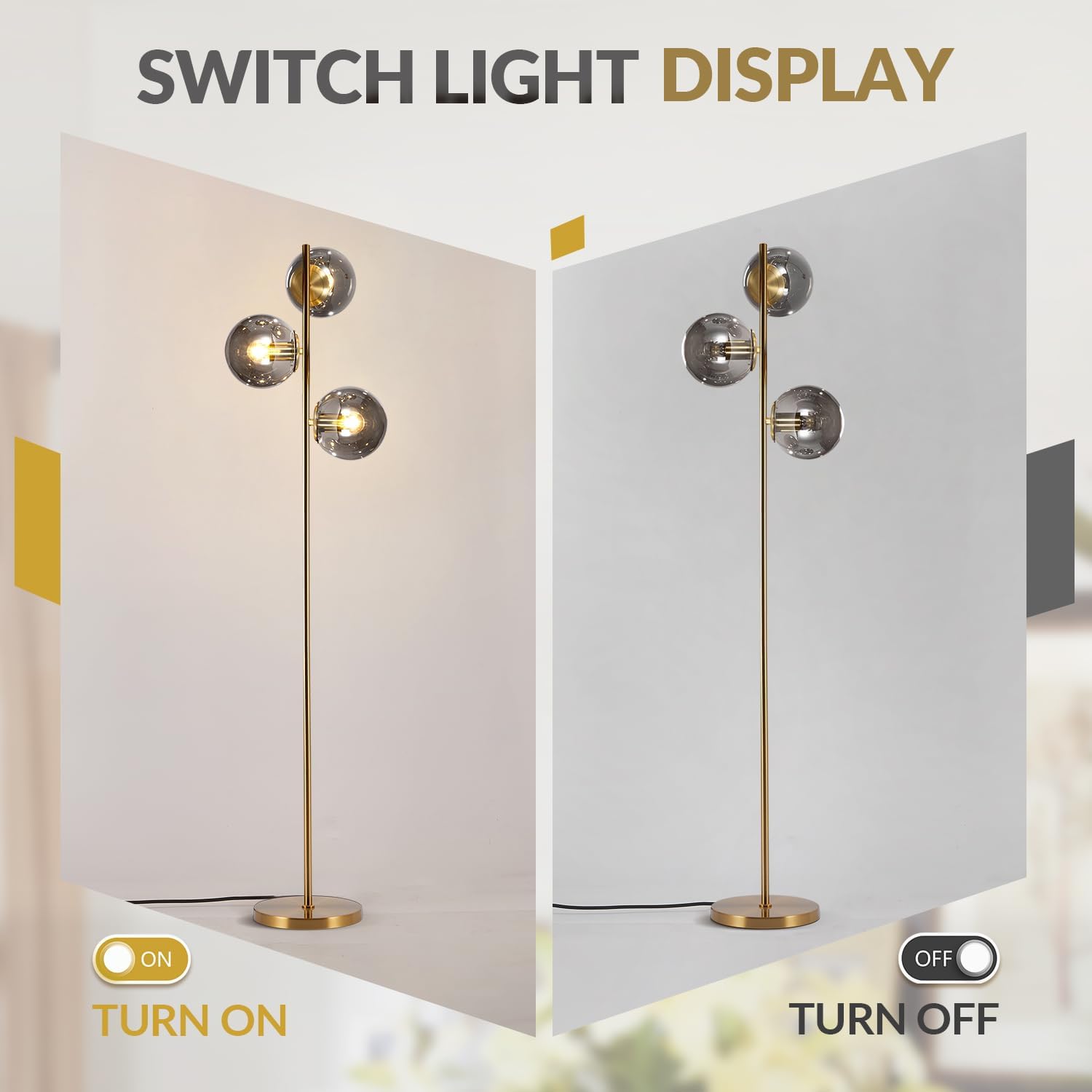 BOKT Mid Century Gold Floor Lamp Modern 3-Light Standing Lamp with Smokey Gary Glass Globe Shade Bright Floor Lamps Office Standing Pole Light for Living Room Bedroom Home Decor…