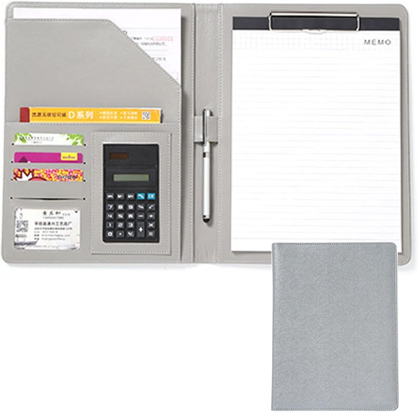 VHJdtE Folder, Writing Pad Business PU with Calculator Faux Leather Storage Clipboard for Conference Documents Work(Silver)