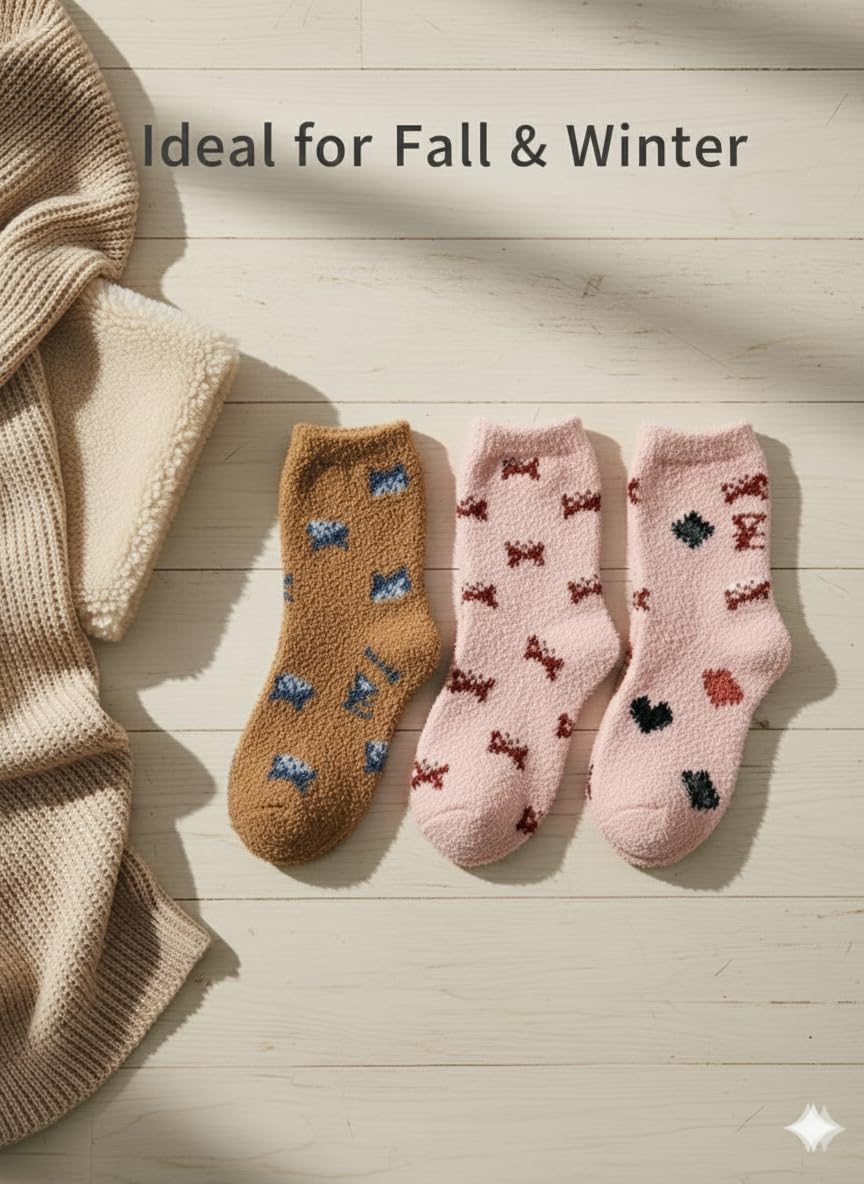 CROWN RIQUE Premium Ultra-Soft Fuzzy Socks for Women, Cozy Plush Winter Socks with Cute Patterns, Warm Breathable Gift-Ready Lounge Socks, 3-Pair Set (3, Pink | Brown) 4
