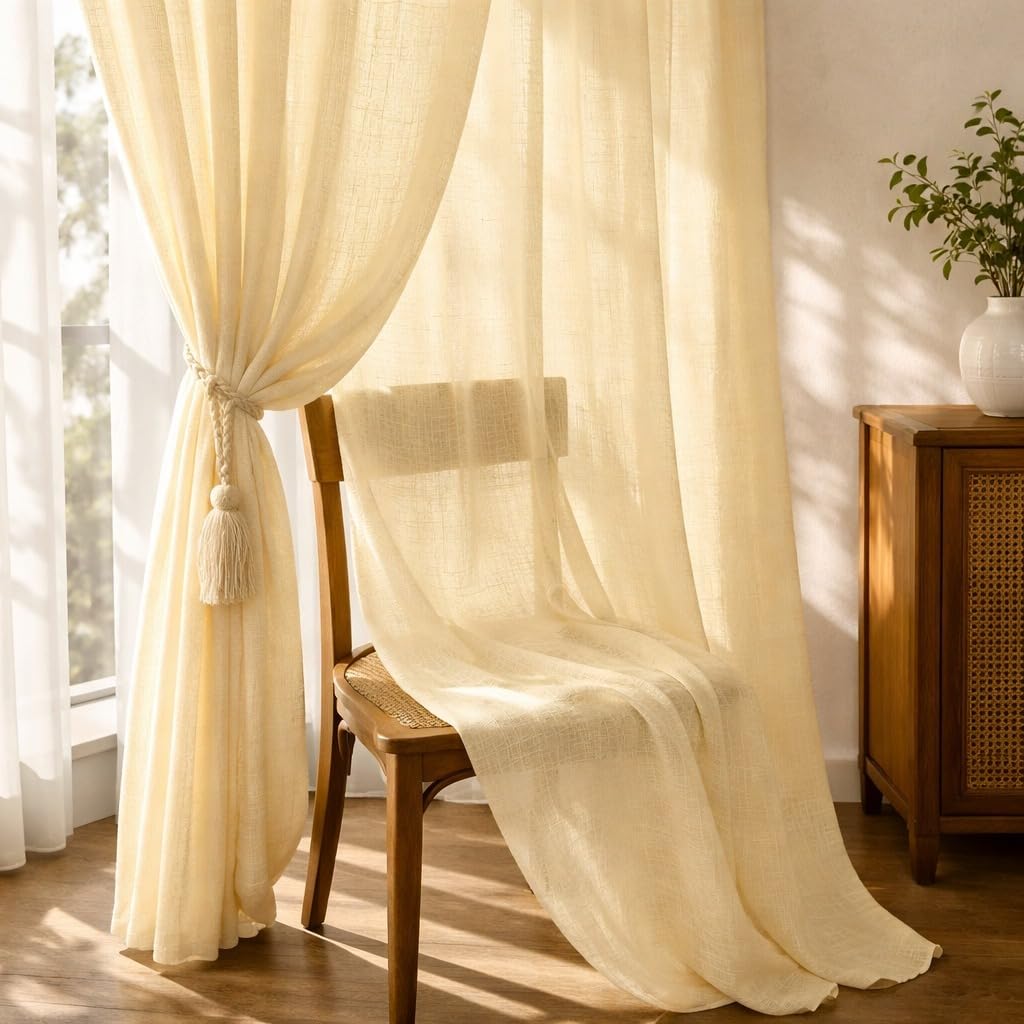 THE LINEN COMPANY Linen Textured Sheer Curtains – Light Filtering Transparent Net Curtains with Rod Pocket for Living Room, Bedroom & Office Door, Long Door Curtain 8 Feet, Butter Cream, Pack of 1