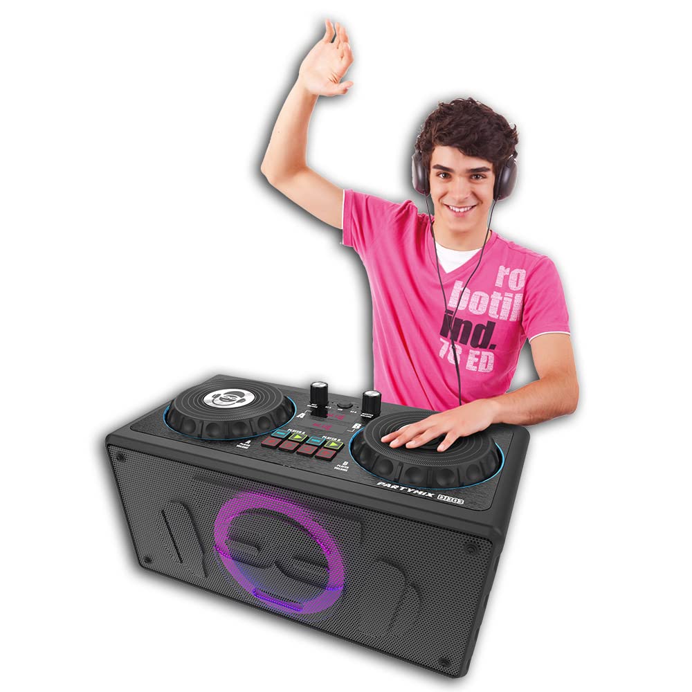 iDance DJ303 PARTYMIX - Altavoz portátil de 200 vatios Bass Reflex - Mezclador de audio y platinas de volumen - Micro con cable - Juego de luces de disco - Recargable
