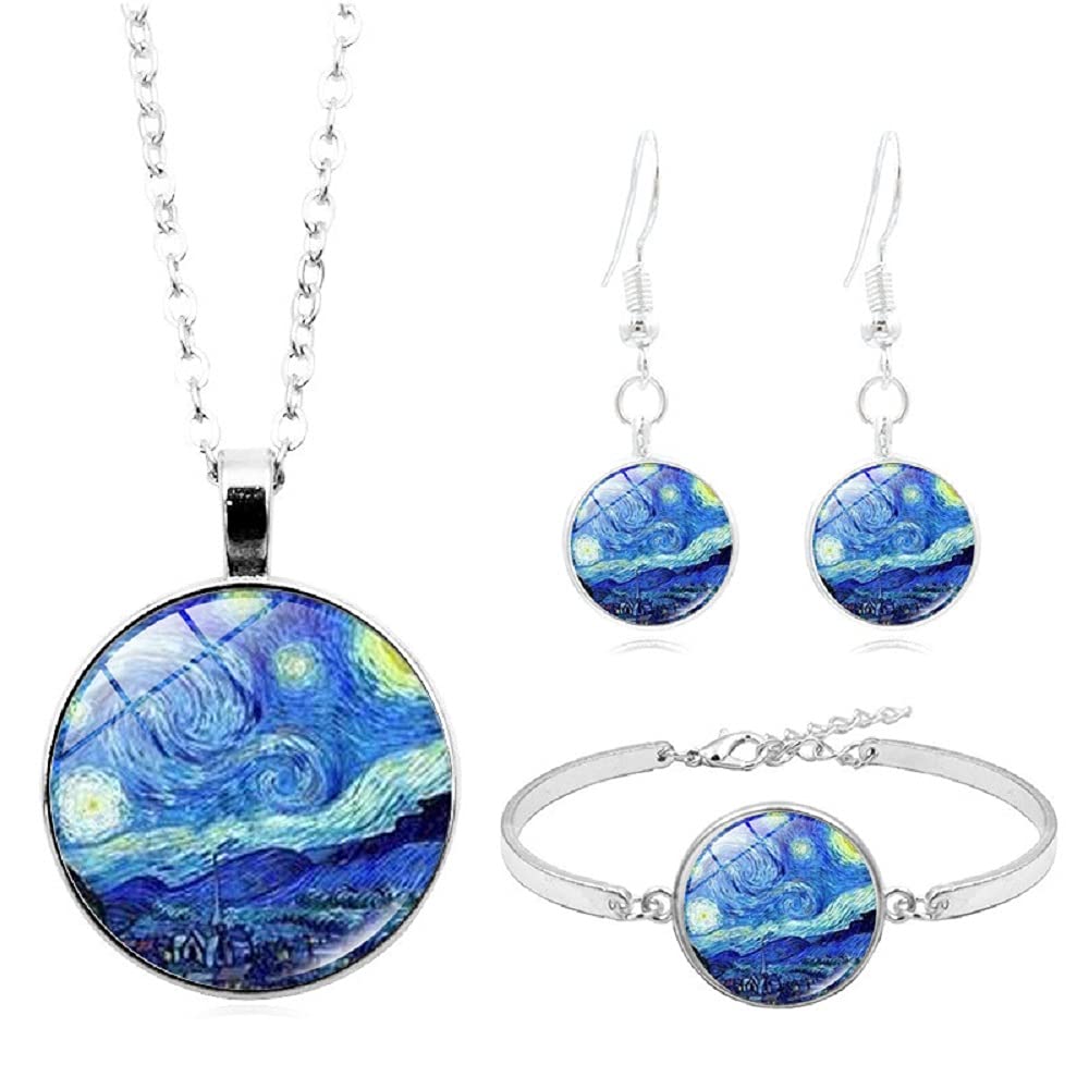 COLORFUL BLING Van Gogh Starry Night Sky Sunflower Earrings Bangle Bracelet Pendant Necklace Set Artistic Painting Dangle Earrings Stainless Steel Art Jewelry Set for WomenTeens - Set B