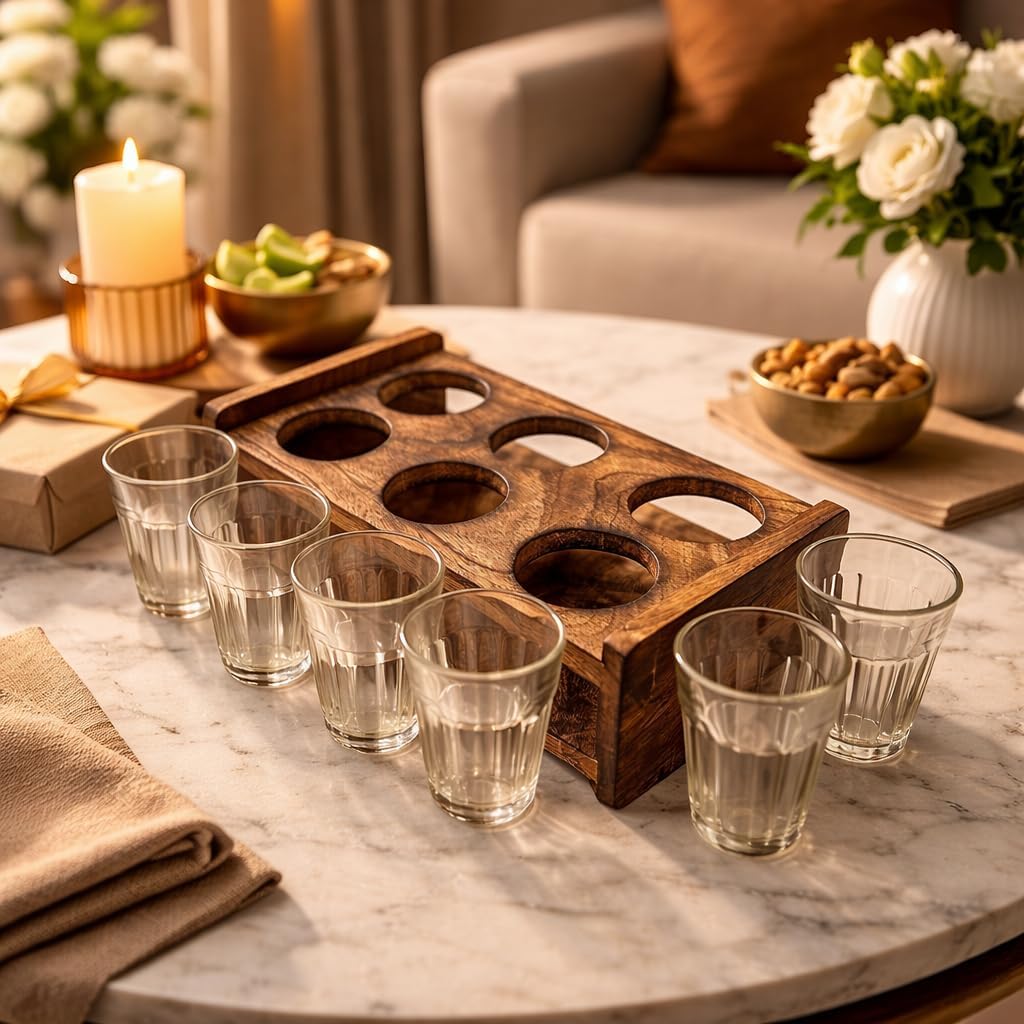 collectiblesBuy Modern Diamond Cut Insulated Indian Tea Glasses Set of 6 Double Walled Glass Teacups with Wooden Stand Ideal for College Reunion Party Rain Tea
