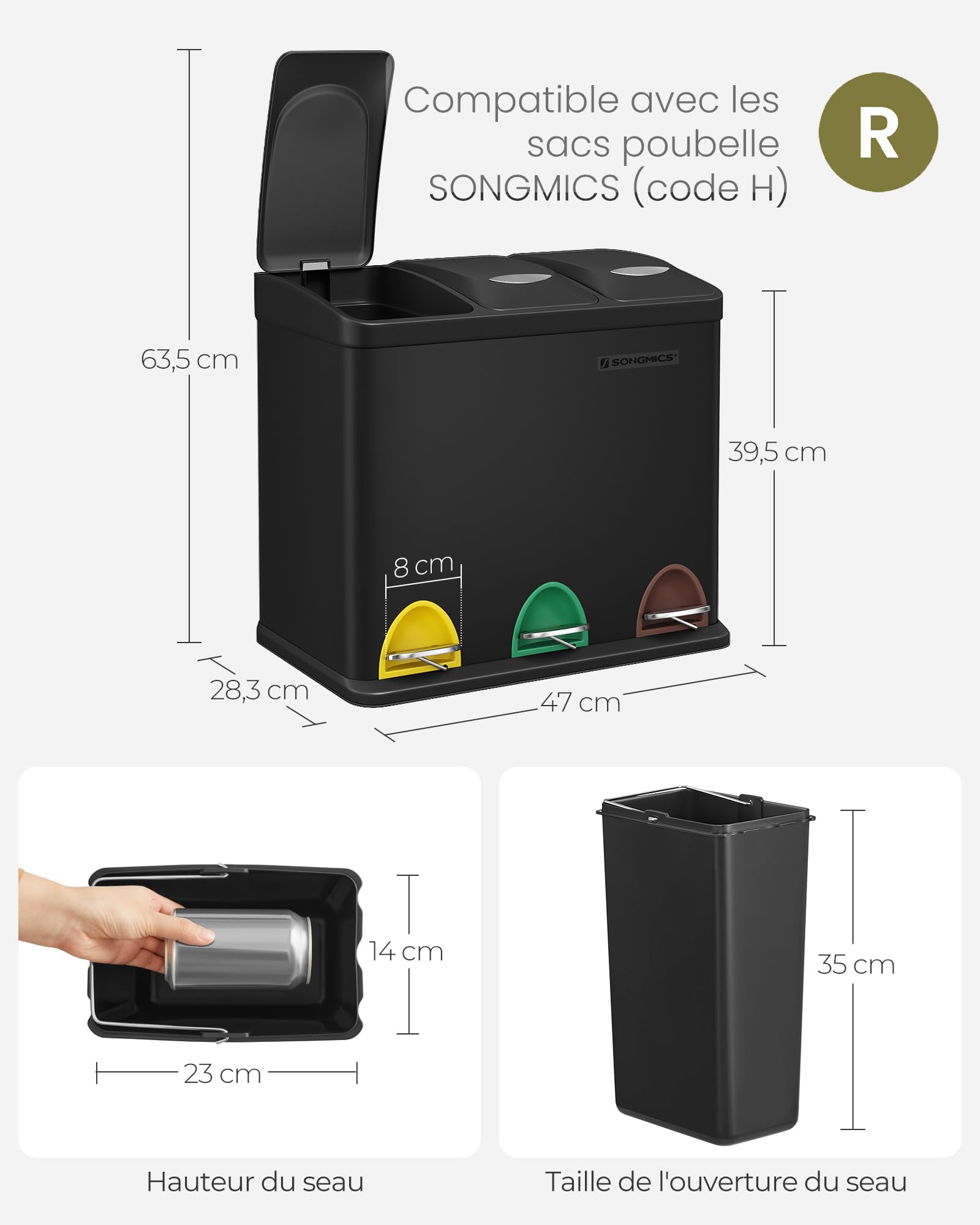 SONGMICS Poubelle Cuisine Tri 3x8L Acier Noir LTB24BK