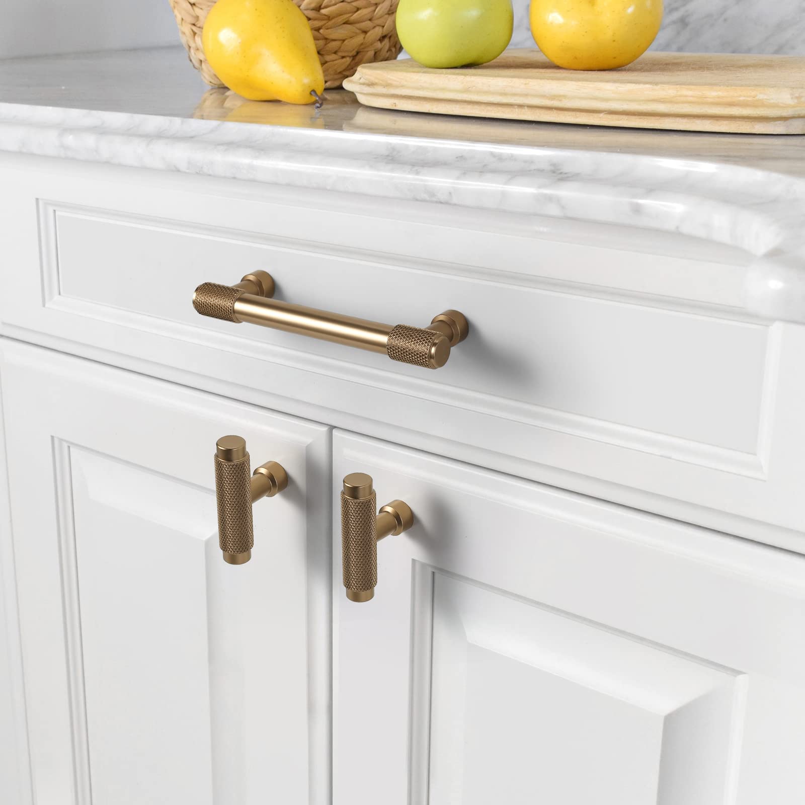 Amerdeco 10 Pack Champagne Bronze Knurled Cabinet Pulls 3-3/4 Inch(96mm) Hole Center Kitchen Cabinet Handles Drawer Pulls Cabinet Hardware ZH0034