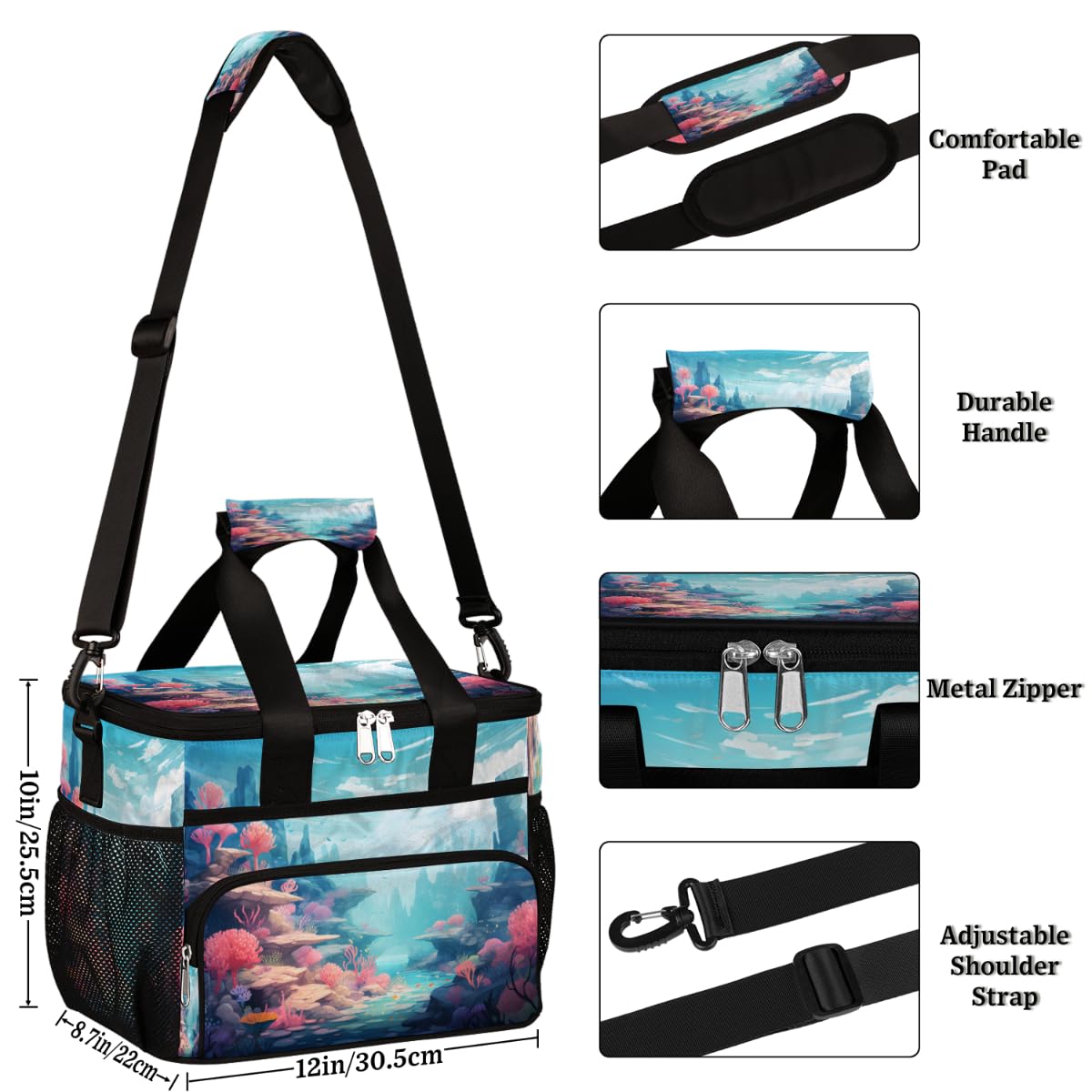 Ocean Insulated Picnic Backpack Lunch Box for Women Men Picnic Basket Tote Lunch Bag Picnic Bag Portable Lunch Bags for Picnic, Beach, Work, Trip,Office, Camp Underwater World Coral