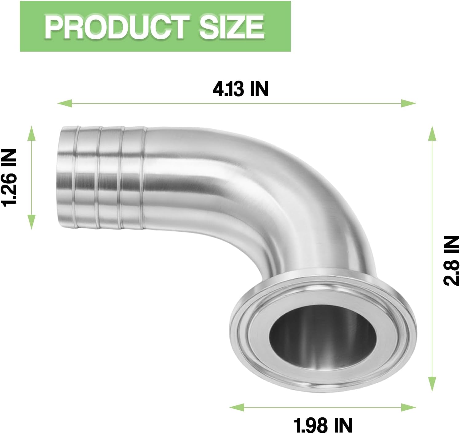 Stainless Steel 304 Sanitary Hose Fitting Single Barb 90 Degree Elbow 1-1/4" Barbed with 1.5" Tri-clamp (50.5mm OD Ferrule) & 1pc SS304 Hose Clamp