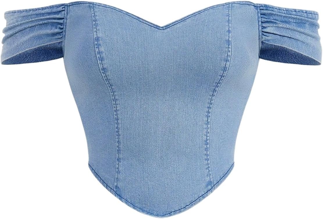 Floerns Women's Plus Size Strapless Crop Denim Top Zip Back Curved Hem Party Date Night Going Out Jean Tube Tops