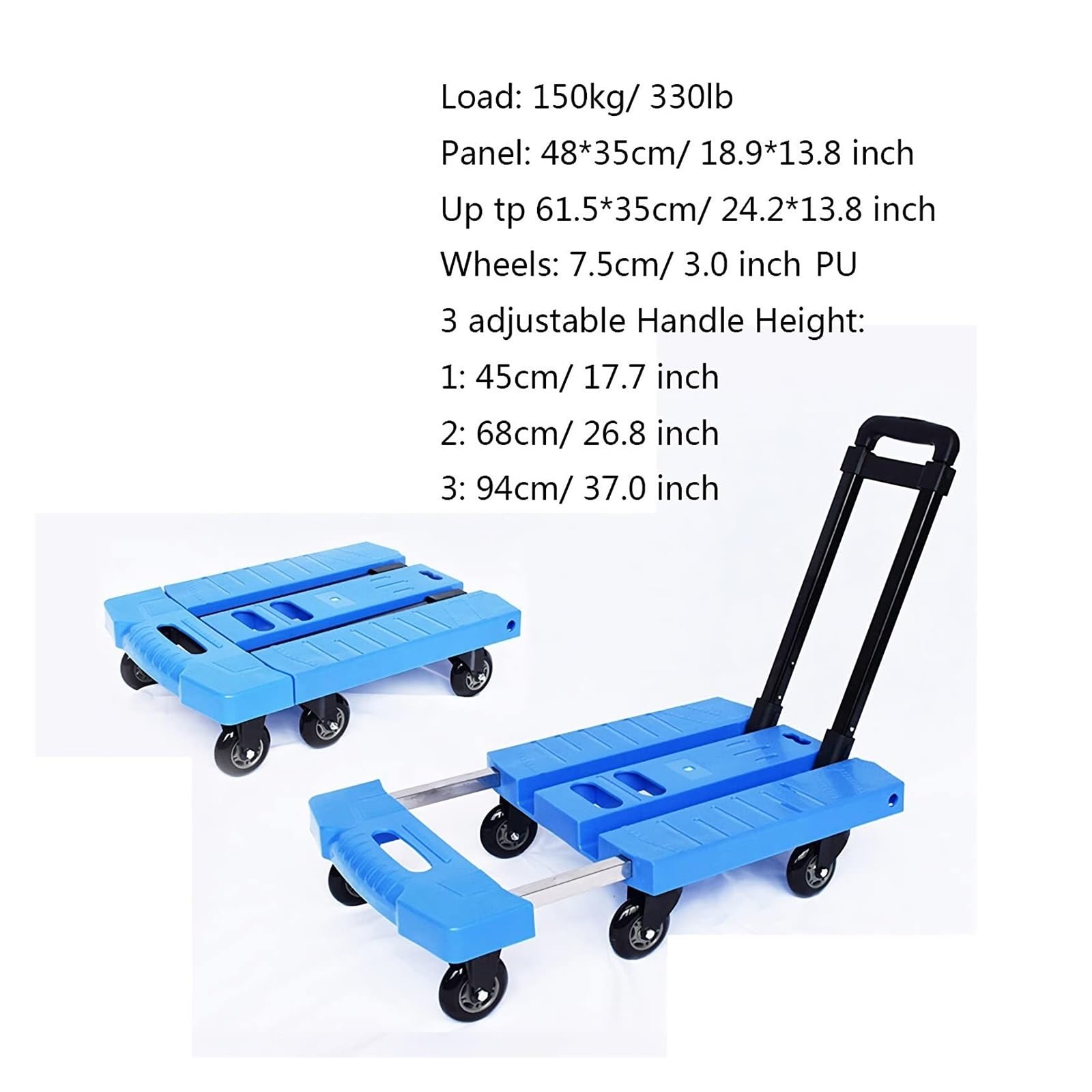 Carrello a mano a pianale – Carrello a 6 ruote con manico espandibile, capacità 150 kg, per casa, ufficio, viaggi e traslochi