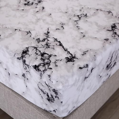 Miniatura 4 de MAG Juego de sábanas con estampado de mármol, 4 piezas, color negro, blanco y gris, tamaño matrimonial, con 1 sábana encimera superior y 1 sábana