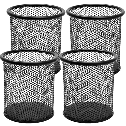 DIFIT Portalápices Metálico Negro Para Escritorio - 4 Piezas, Organizador Redondo, Cubilete Para Bolígrafos, 9x9x10cm