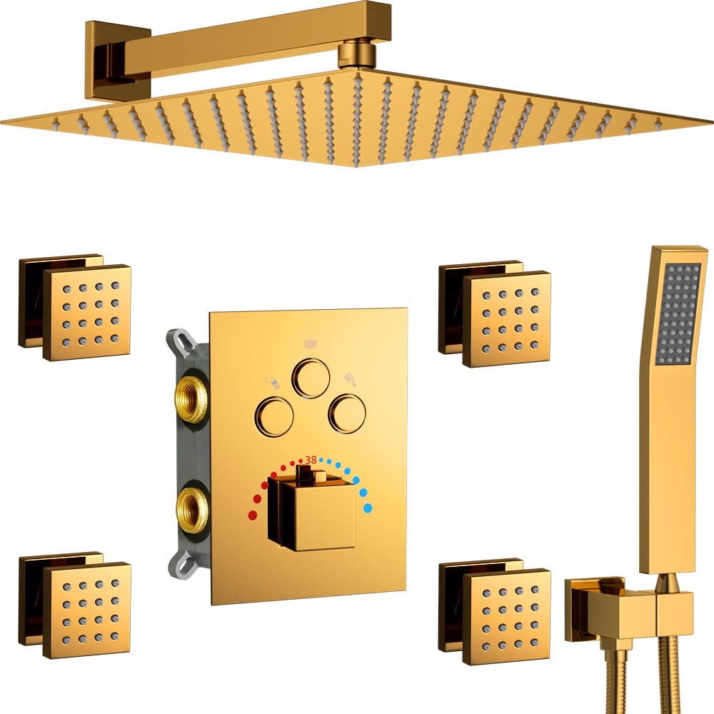 WHSHOWER 12 In Bathroom Luxury Rain Mixer Shower Combo Gold