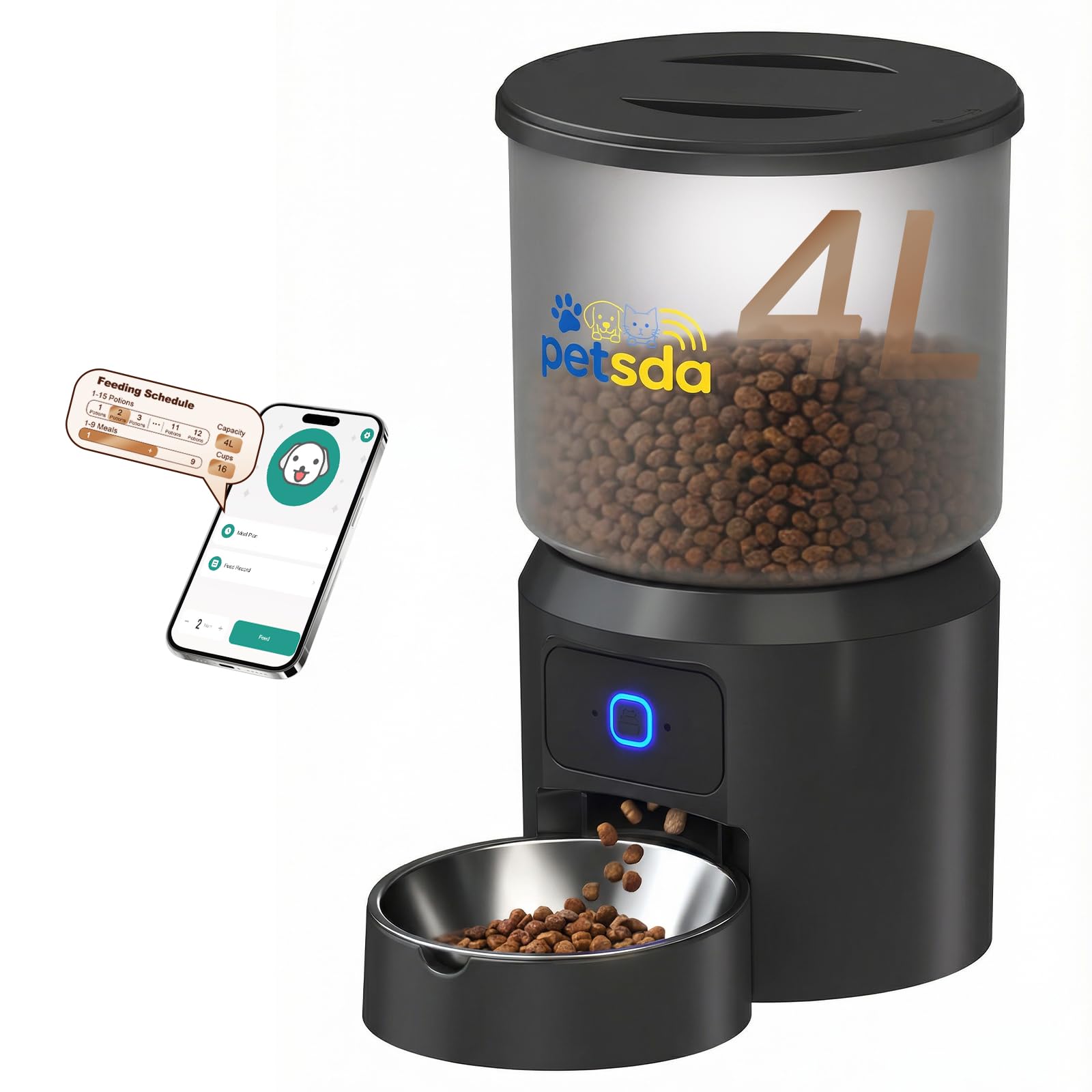 Automatic Cat Feeders 4L Timed Dry Food Dispenser WiFi 10 Meals Programmable 1-12 Portion Per Day with APP Control Dual Power Supply with Stainless Bowl for Multi-Pet Easy Clean