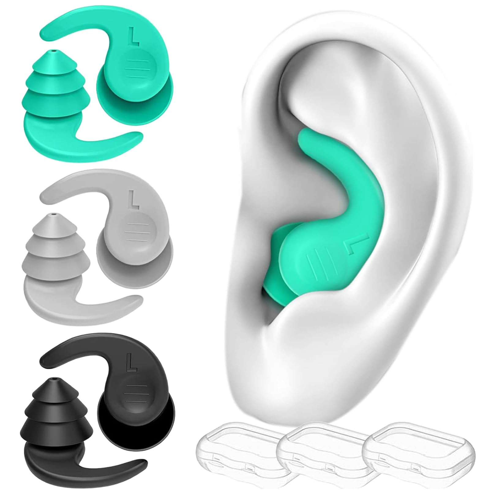 3 Pairs Waterproof Swimming Ear Plugs, Reusable Silicone Swim Earplugs for Adults and Kids Ear Protection for Surfing Diving Pool Showering and Other Water Sports Includes Storage Cases
