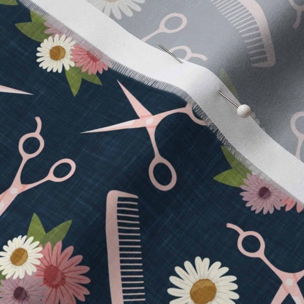 Spoonflower Fabric - Floral Pink Blue Stylist Hairdresser Flowers Hair Scissors Tools Printed on Organic Cotton Sateen Fabric by The Yard - Sewing Quilting Apparel Home Decor