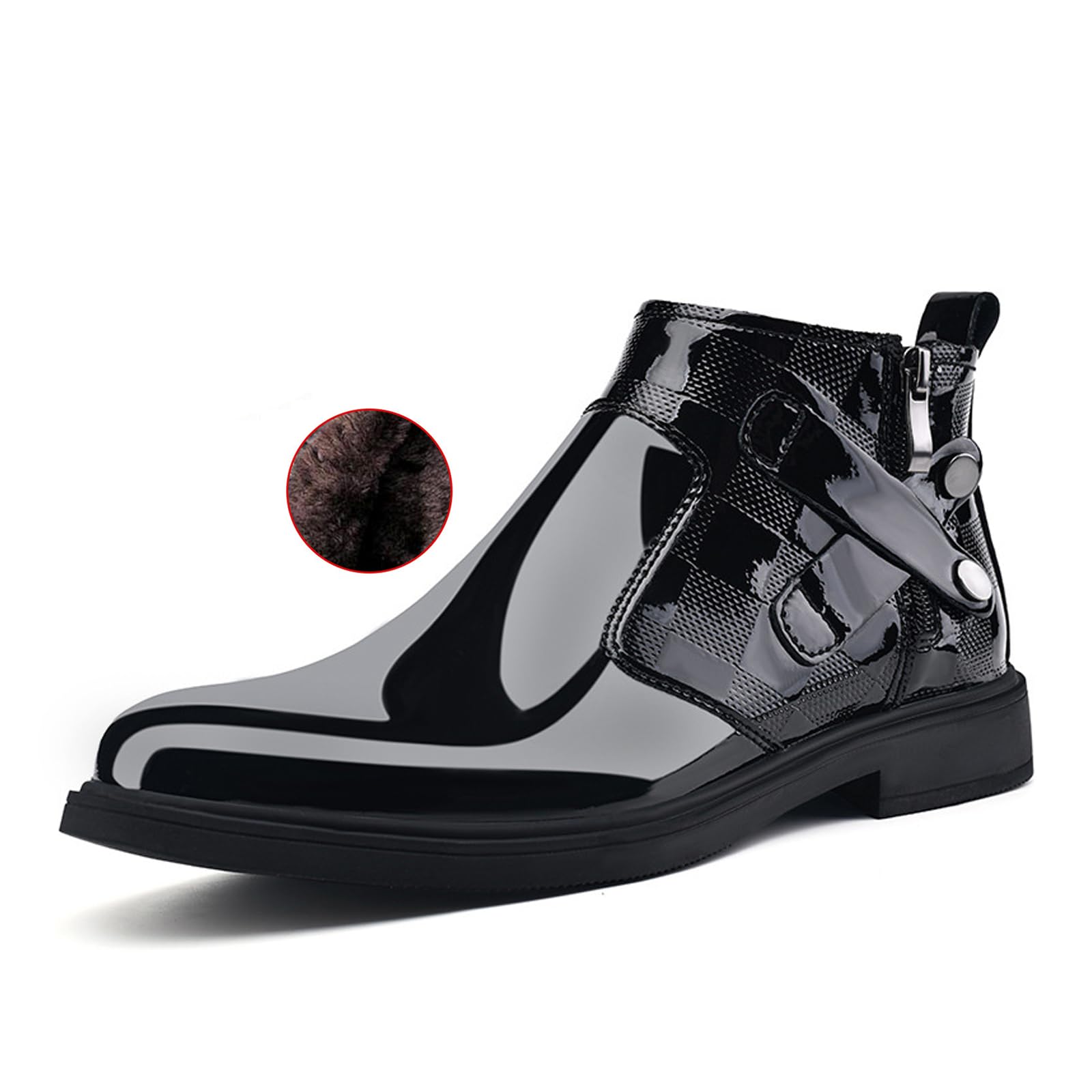 Men's Patent Leather Chunky Heel Chelsea Boots with Side Zipper Retro Round Head Square Texture Warm Plush Lining Business Formal Short Boots