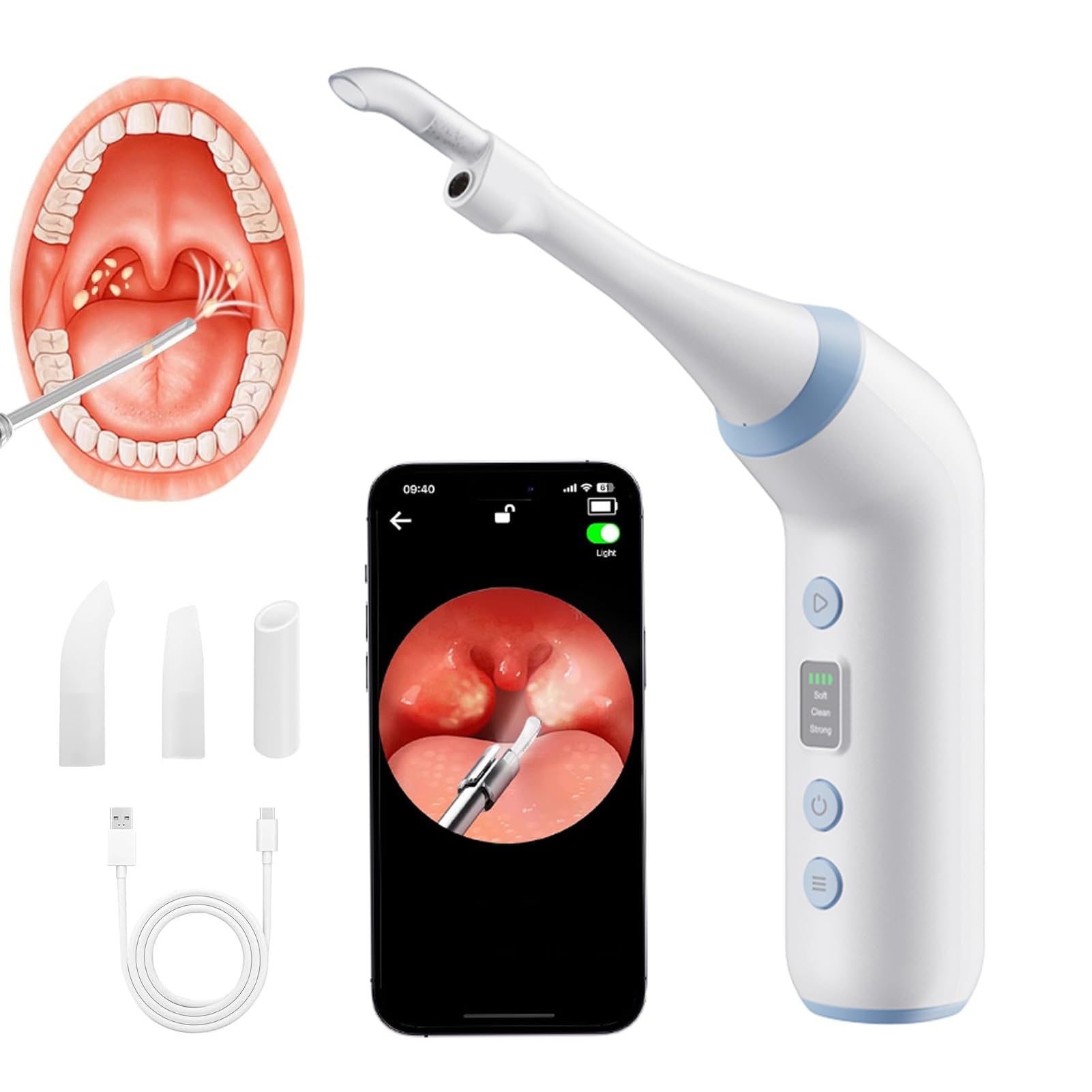 Outil pour la suppression des calculs amygdaliens avec lumière LED 900 Mah Aspirateur pour calculs amygdales Soins de santé bucco-dentaire et nettoyage sans douleur équipé de réglage de la
