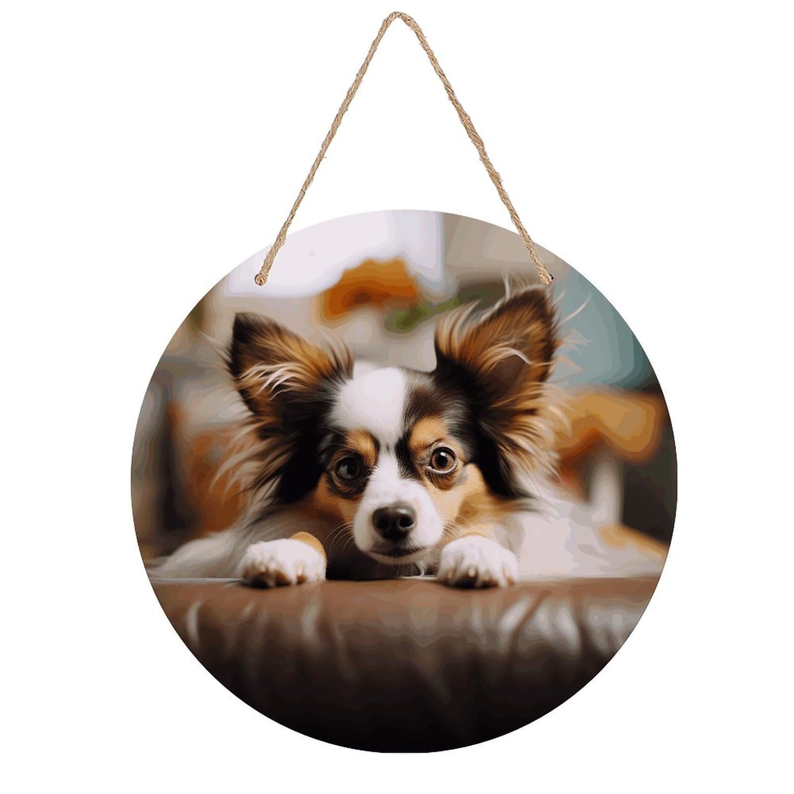 LZQPOEAS Papillon Lying on Tummy Round Wood Wall Art Painting, 7.9 Inch Circular Wooden Door Hanger Decorative Paintings, Rope-Hanging Wooden Wall Plaque for Home Decor And Office Party