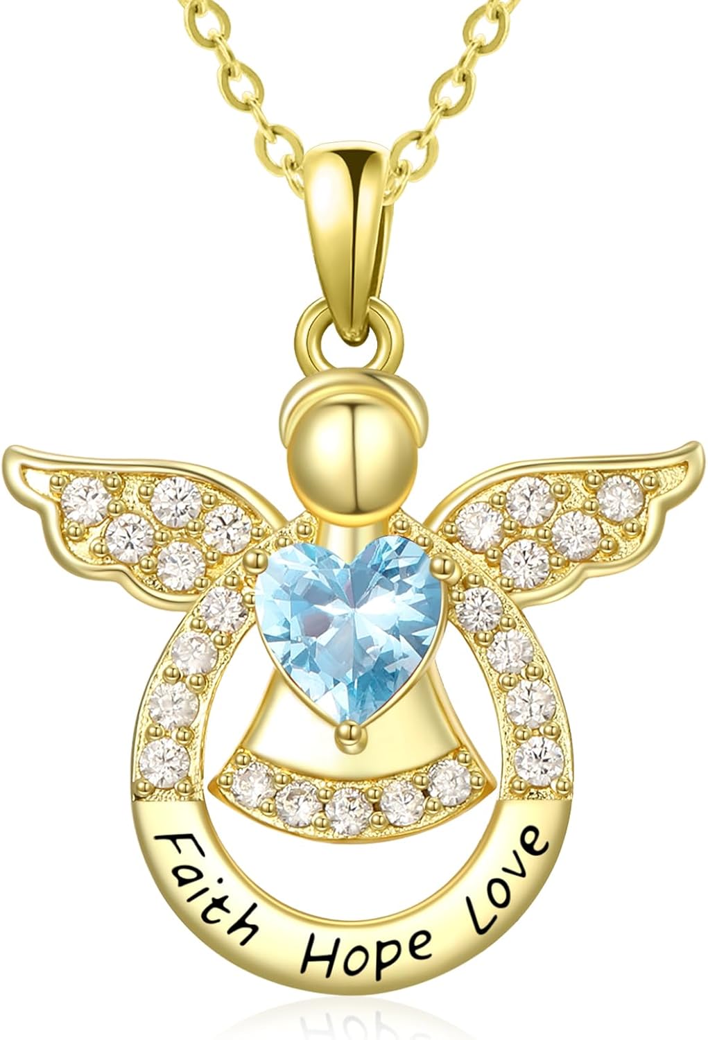 Guardian Angel Necklace for Women 14K Gold/Silver Religious Engraved Faith Hope Love Angel Wings Pendant Birthstone Jewelry Birthday Gifts for Wife Mom Grandma Girlfriend Her