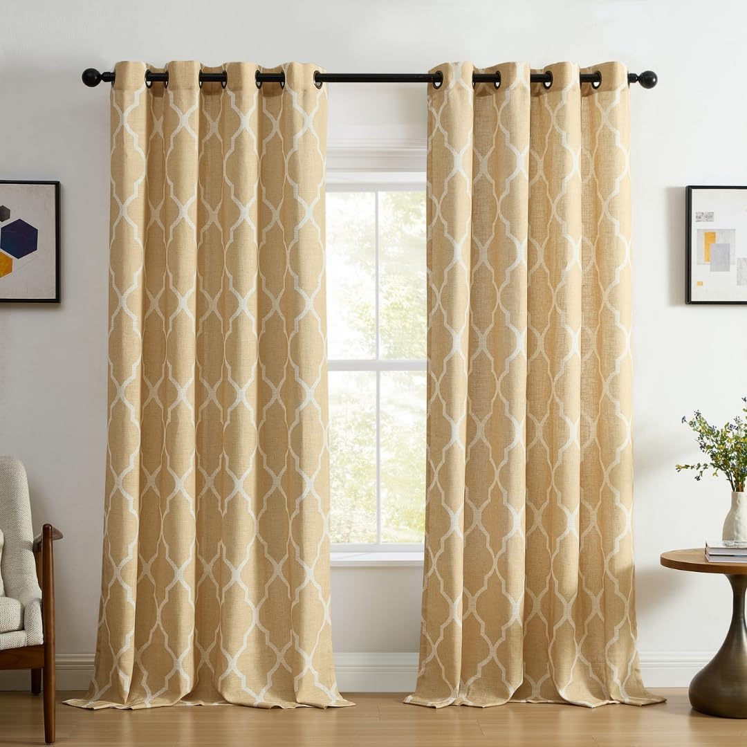 Elrene Home Fashions Medalia Grommet Top Light Filtering Trellis Geometric Pattern Linen Blend Window Curtain Single Panel, 52" W x 84" L, Stone