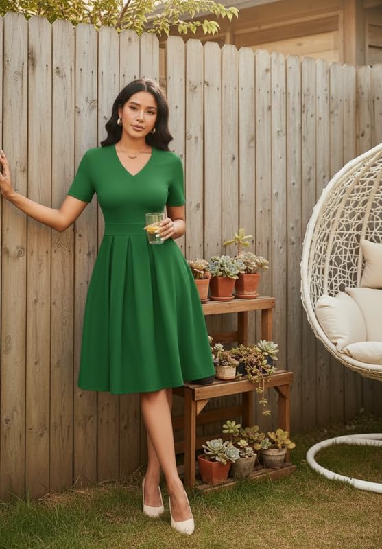 Women Summer Short Sleeve Dress V Neck Semi Casual Fit and Flare Church Wedding Guest Work Dresses with Pockets - Image 3
