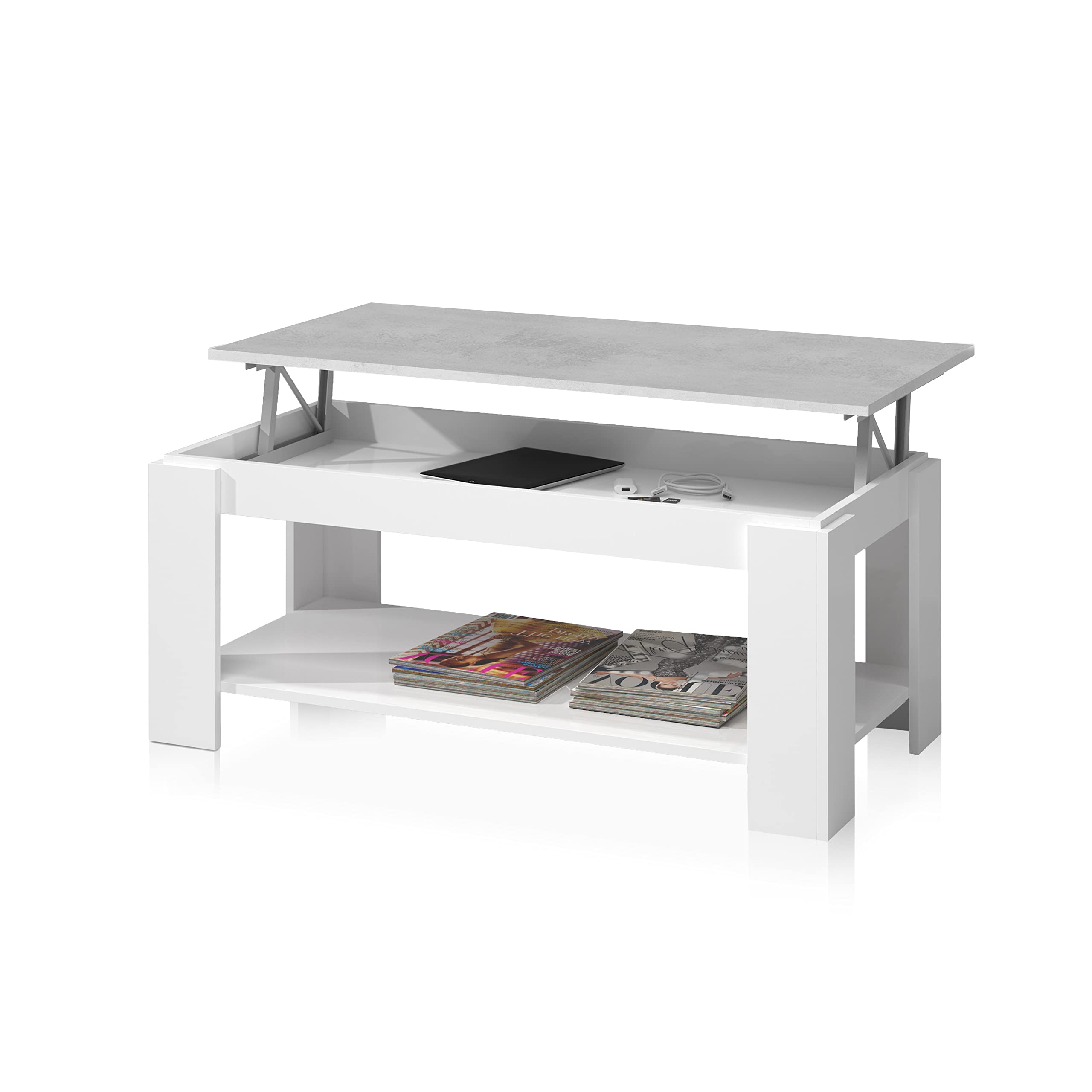 Mesa Centro con revistero, Mesa elevable, mesita Mueble Salon Comedor, Acabado en Blanco Artik y Gris Cemento, Medidas: 102 cm (Largo) x 43/54 cm (Alto) x 50 cm (Fondo)