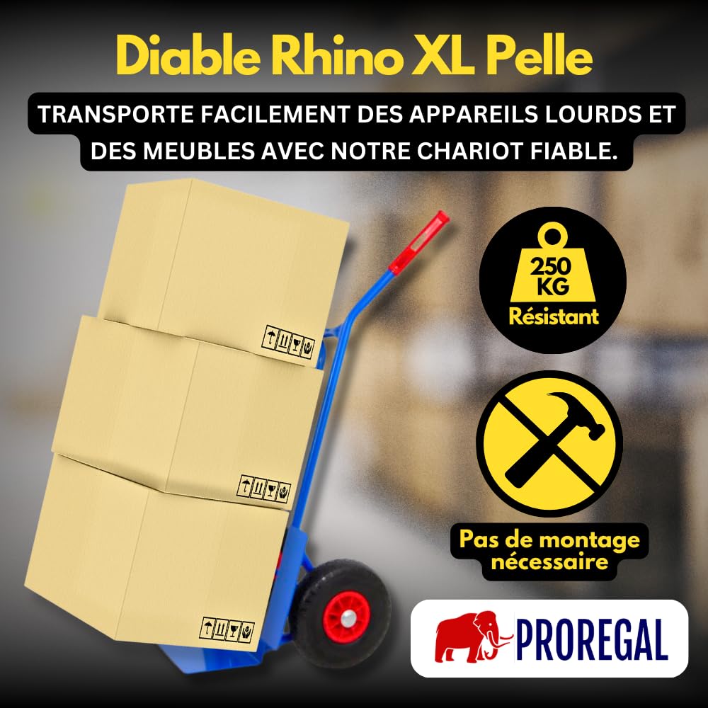 PROREGAL Diable Pliable Rhino XL | HxLxP 104x50x60cm | Capacité de Charge 250 kg | Bleu | Roues pneumatiques | Chariot de Transport, Diable d'escalier