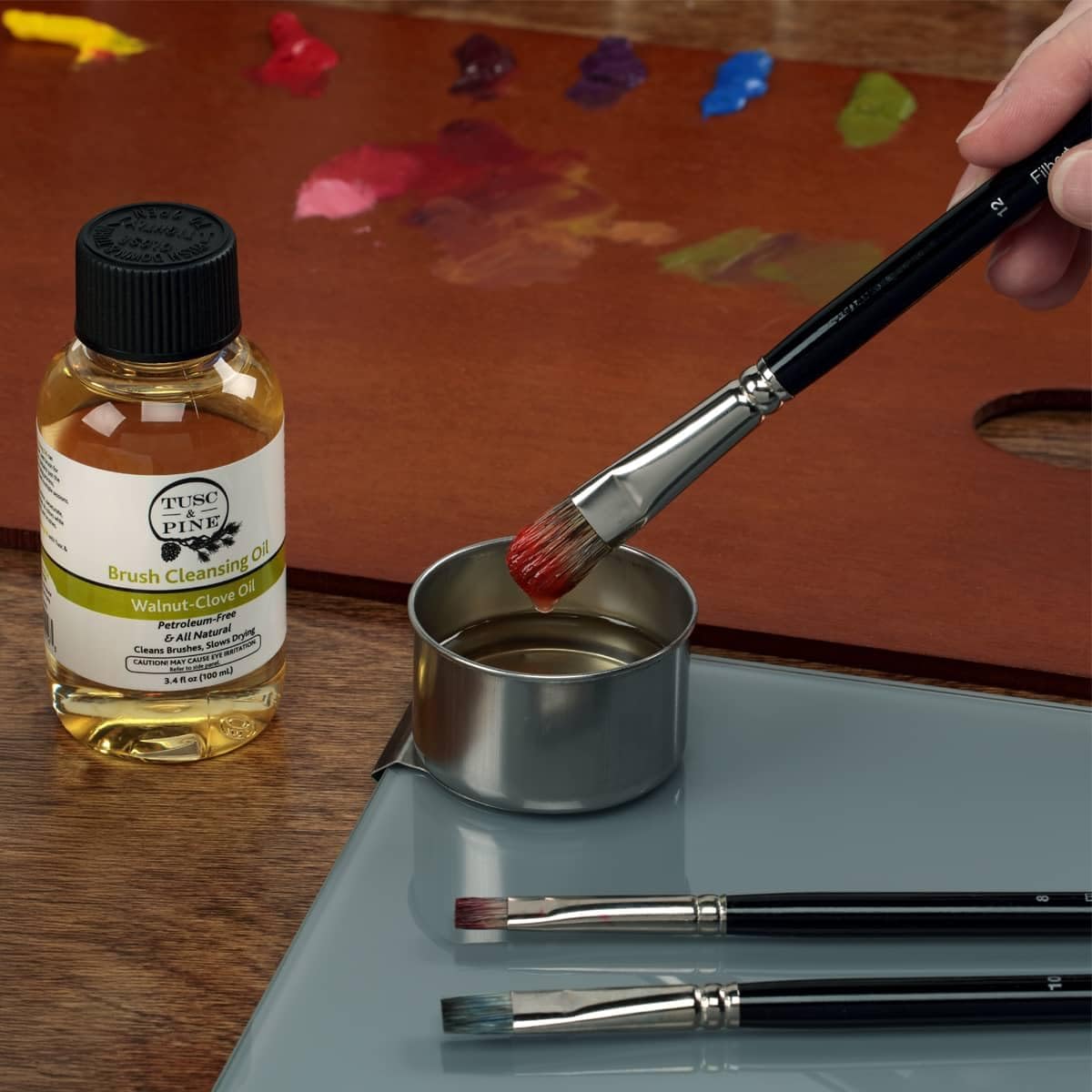 Tusc & Pine Brush Care Duo – 2 oz Artists’ Soap & 3.4 Fl Oz Walnut-Clove Oil Set for Acrylic, Watercolor & Oil Brushes - Solvent-Free Cleaner & Conditioner - Natural Bristle Care - Made in The USA