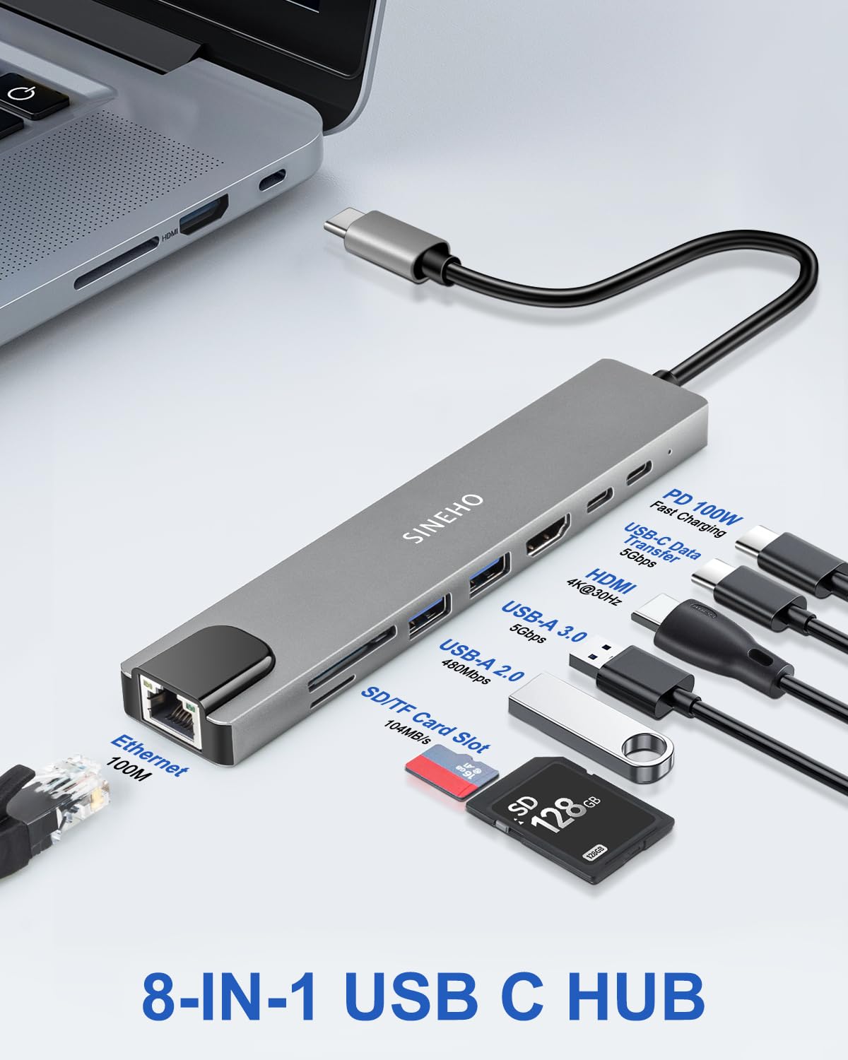 Hub USB C 8-in-1 HDMI 4K Ethernet Lettore di schede SD/TF | Porta dati USB-C, ricarica PD 100W, USB 3.0 e USB 2.0 per MacBook Pro/MacBook Air, XPS, Surface Pro e altri dispositivi