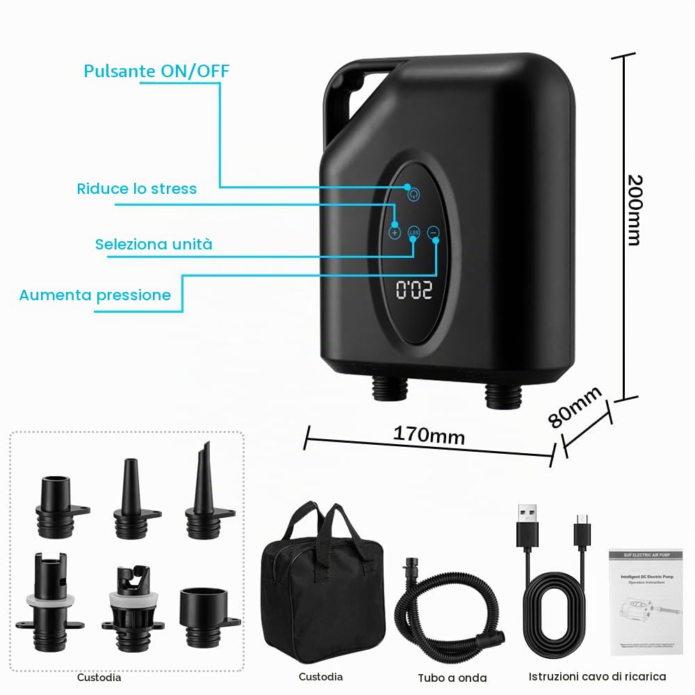 Pompa Elettrica SUP da 12000 mAh, 20 PSI Senza Fili Portatile, Gonfiaggio/Sgonfiaggio a due Livelli,Funzione di Spegnimento Automatico, Adatta per Kayak, Materasso/Sport Acquatici
