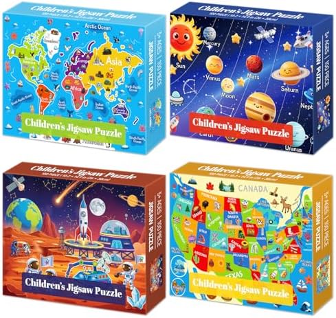 4 Packs 100 Piece Puzzles for Kids Ages 4-6 6-8 8-10, USA World M...