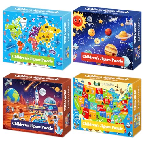 4 Packs 100 Piece Puzzles for Kids Ages 4-6 6-8 8-10, USA World Map Kids Puzzles Ages 3-5 4-6 5-8, Solar System Mars Adventure 100 Piece Puzzle for Adults Seniors, Educational Jigsaw Puzzles 15'x10'