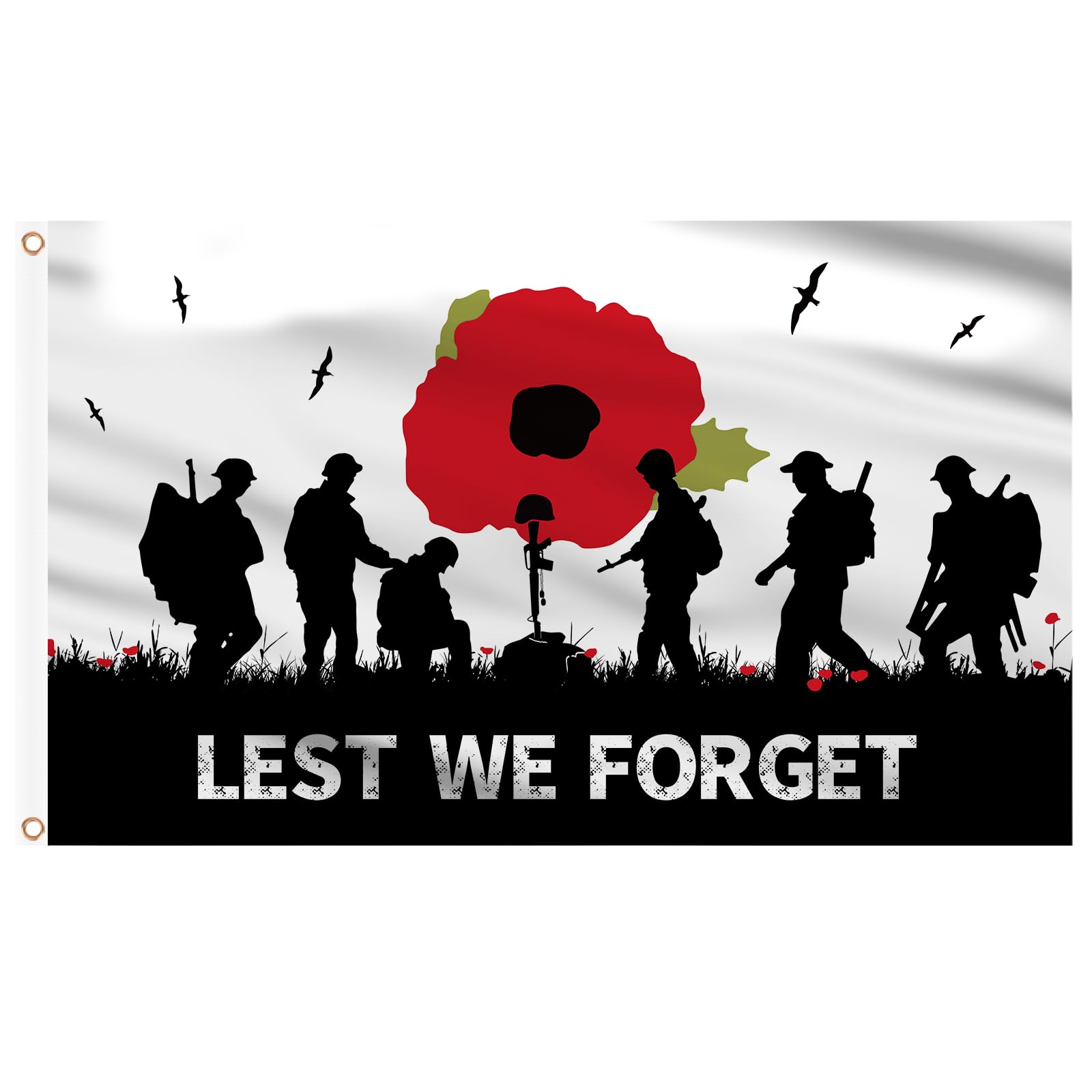 AhfuLife Lest We Forget Flag 5ft x 3ft for Veterans Memorial Day, 1pcs Large Lest We Forget Army Flags - Double Side with Brass Eyelets for Remembrance Day Decorations (1 Pcs)