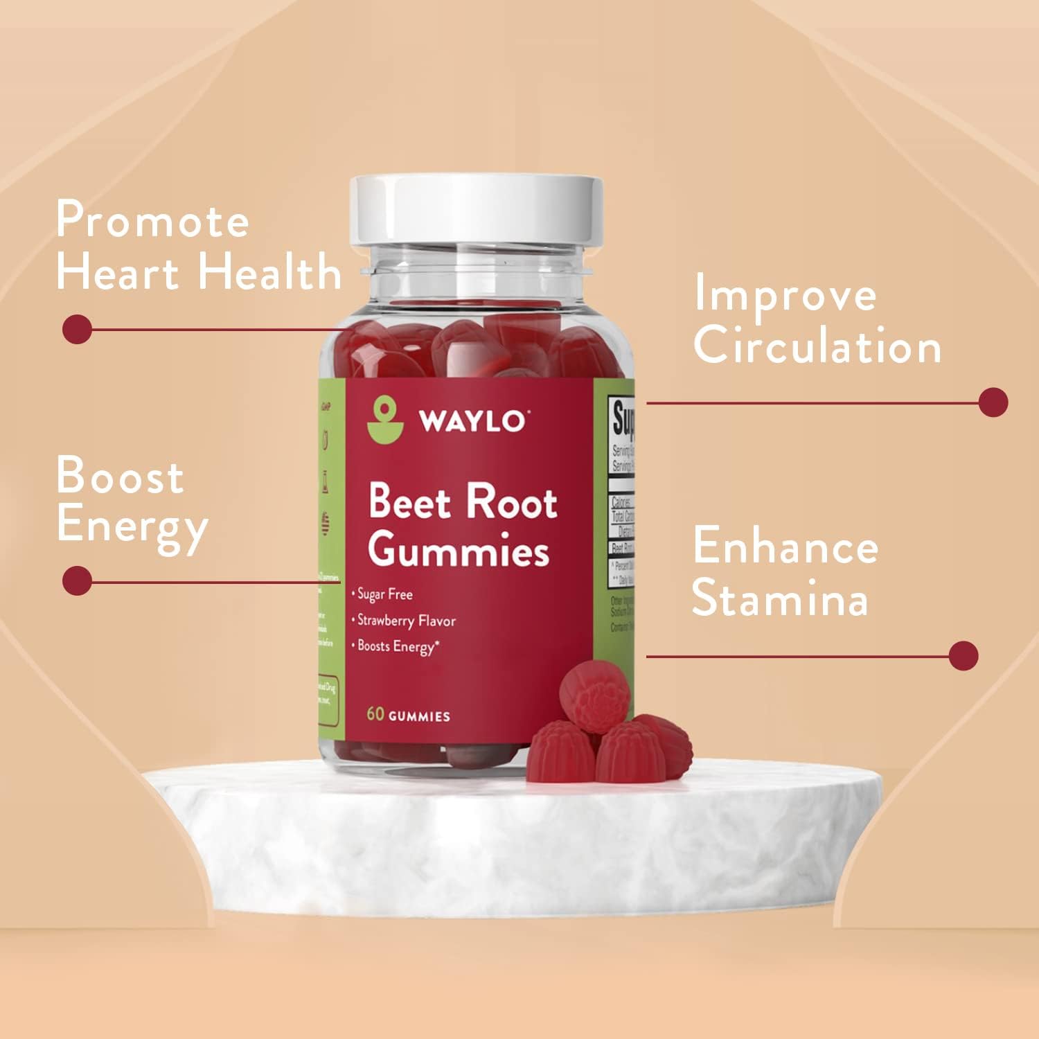 Waylo Sugar Free Chewable Beet Root Gummy - Nitric Oxide Supplement Beetroot - Sugar Free Energy Supplements Made in USA (60ct)