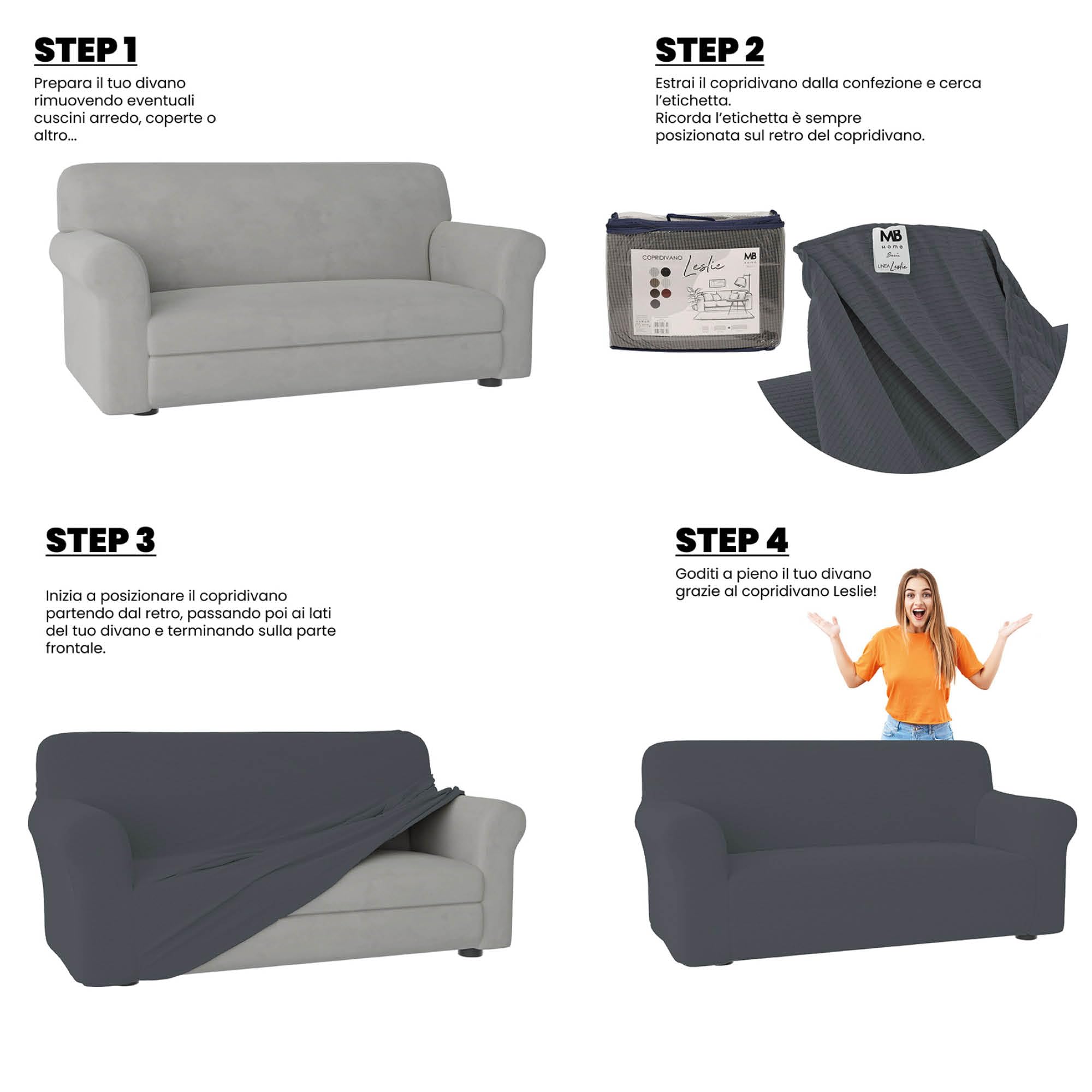 LESLIE Funda de sofá elástica y extensible, Gris oscuro, 3 plazas