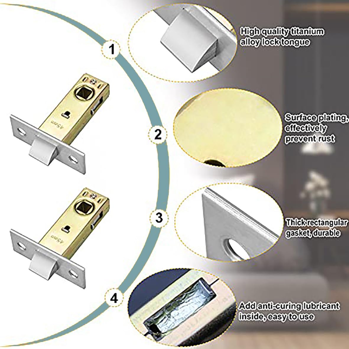 TOP-VIGOR 5Pcs 45mm Tubular Mortice Latch, Flat Tongue Lock with Door Stopper and Screws - Image 3