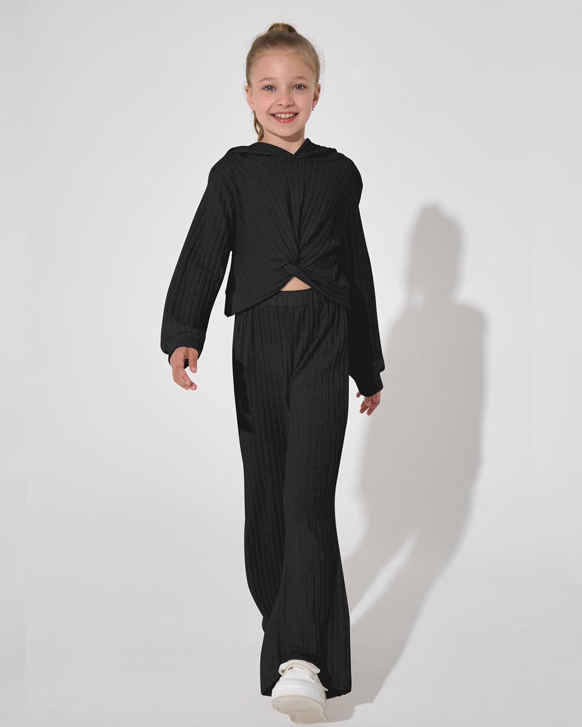 XUANHAO Girls Clothes Fall Winter Teen Outfits for Girl Rib Knit Twist Front Hoodie Flare Pants Sweatsuit Girls Clothing Set - Image 2
